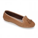 Ballet flat shoes with TASSELS in suede leather.