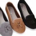 Ballet flat shoes with TASSELS in suede leather.