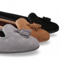 Ballet flat shoes with TASSELS in suede leather.