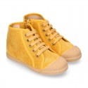 CORDUROY canvas kids boot shoes tennis style with shoelaces closure and toe cap.