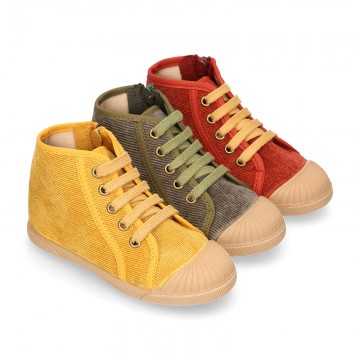 CORDUROY canvas kids boot shoes tennis style with shoelaces closure and toe cap.