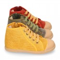 CORDUROY canvas kids boot shoes tennis style with shoelaces closure and toe cap.