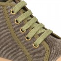 CORDUROY canvas kids boot shoes tennis style with shoelaces closure and toe cap.