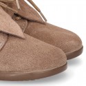 LEAF design Booties with shoelaces closure in suede leather for kids.