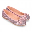 Classic GLITTER girl ballet flats with elastic contour and ribbon.