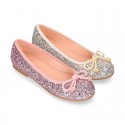 Classic GLITTER girl ballet flats with elastic contour and ribbon.