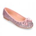 Classic GLITTER girl ballet flats with elastic contour and ribbon.