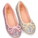 Classic GLITTER girl ballet flats with elastic contour and ribbon.