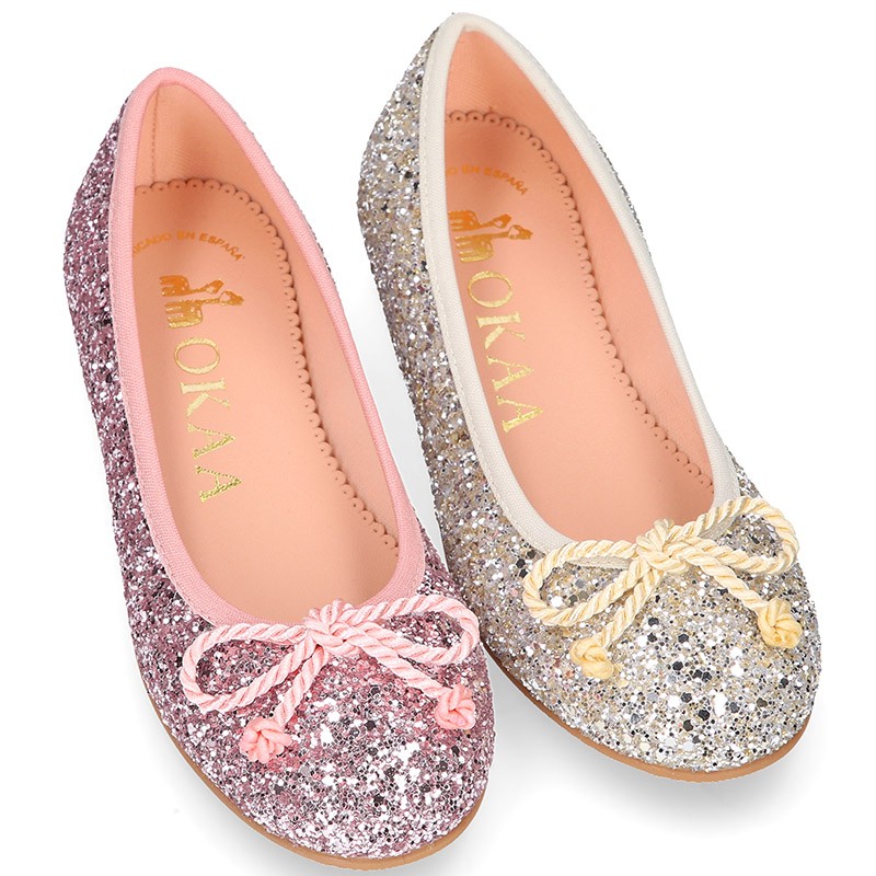 Classic GLITTER girl ballet flats with elastic contour and ribbon. R019 ...