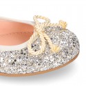 Classic GLITTER girl ballet flats with elastic contour and ribbon.