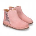 Shiny Suede leather kids ankle boot shoes with GLITTER elastic band and zipper closure.