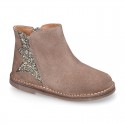 Shiny Suede leather kids ankle boot shoes with GLITTER elastic band and zipper closure.