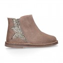 Shiny Suede leather kids ankle boot shoes with GLITTER elastic band and zipper closure.