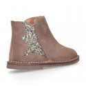 Shiny Suede leather kids ankle boot shoes with GLITTER elastic band and zipper closure.