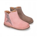 Shiny Suede leather kids ankle boot shoes with GLITTER elastic band and zipper closure.