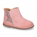 Shiny Suede leather kids ankle boot shoes with GLITTER elastic band and zipper closure.