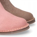 Shiny Suede leather kids ankle boot shoes with GLITTER elastic band and zipper closure.