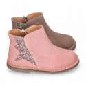 Shiny Suede leather kids ankle boot shoes with GLITTER elastic band and zipper closure.