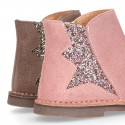 Shiny Suede leather kids ankle boot shoes with GLITTER elastic band and zipper closure.