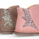 Shiny Suede leather kids ankle boot shoes with GLITTER elastic band and zipper closure.