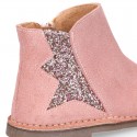 Shiny Suede leather kids ankle boot shoes with GLITTER elastic band and zipper closure.