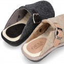 Wool effect OKAA CLOG Home shoes with buckle design.