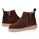 Kids ankle boots with rose elastic band and side zipper closure in suede leather.