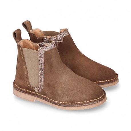 Suede leather kids ankle boot shoes with SHINY contour elastic band and zipper closure.