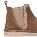 Suede leather kids ankle boot shoes with SHINY contour elastic band and zipper closure.