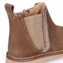 Suede leather kids ankle boot shoes with SHINY contour elastic band and zipper closure.