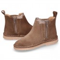 Suede leather kids ankle boot shoes with SHINY contour elastic band and zipper closure.