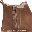 Suede leather kids ankle boot shoes with SHINY contour elastic band and zipper closure.