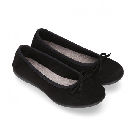 BLACK suede leather Girl Ballet flat shoes with bow.