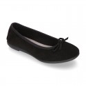 BLACK suede leather Girl Ballet flat shoes with bow.