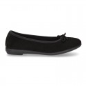 BLACK suede leather Girl Ballet flat shoes with bow.