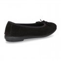 BLACK suede leather Girl Ballet flat shoes with bow.