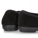 BLACK suede leather Girl Ballet flat shoes with bow.