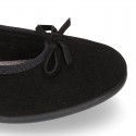 BLACK suede leather Girl Ballet flat shoes with bow.