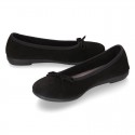 BLACK suede leather Girl Ballet flat shoes with bow.