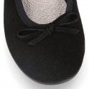 BLACK suede leather Girl Ballet flat shoes with bow.