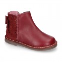 Napa leather kids ankle boot shoes with waves and RIBBON and with zipper closure.