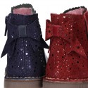 Napa leather kids ankle boot shoes with waves and RIBBON and with zipper closure.