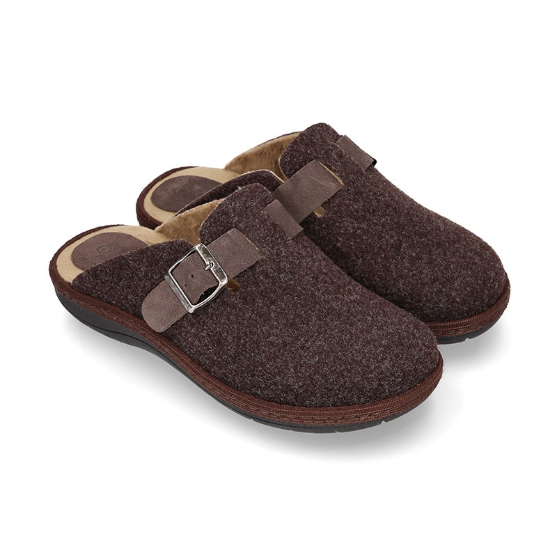 Zapatilla casa caballero OKAA ZUECO en lana con hebilla. SA004
