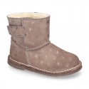 Print Suede leather Boots with hook and loop strap closure and fake hair lining.