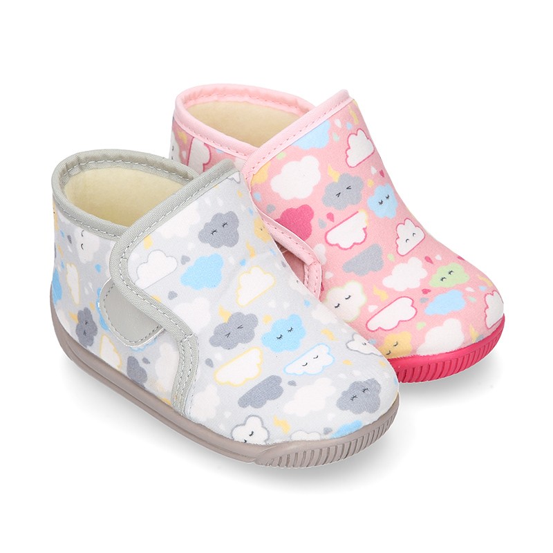 CLOUD print wool knit bootie home shoes with hook and loop strap