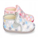 CLOUD print wool knit bootie home shoes with hook and loop strap.