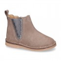 SHINY Suede leather kids ankle boot shoes with waves and zipper closure.