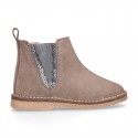 SHINY Suede leather kids ankle boot shoes with waves and zipper closure.