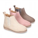 SHINY Suede leather kids ankle boot shoes with waves and zipper closure.