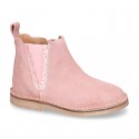 SHINY Suede leather kids ankle boot shoes with waves and zipper closure.